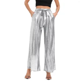 Women's Pants Women Sexy Metallic Bronzing Shiny Flare Lady Loose Elastic Waist Bottom Hip Hop Baggy Wide Leg Trousers Clubwear