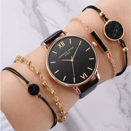 5Pcs Set Simple Watch And Bracelet Set pu Leather Watch Band Quartz Wristwatch Gift Set For Women