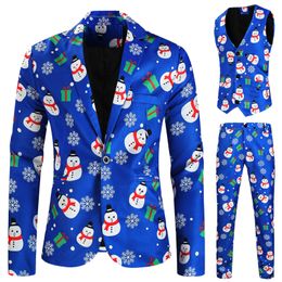 Santa Blazer Men's Fashion Suit Party Coat Casual Slim Fit Buttons Cartoon Christmas Print Jacket Pants Vest Set 240106