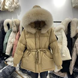 Winter Women's Down Jackets Ultra Light Warm Coat Female Jacket Woman With a Belt Hooded Parka Big Fur Collar Overcoat 240106