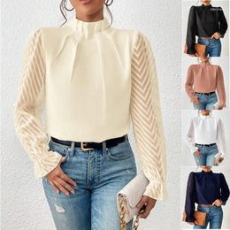 Women's Blouses 2024Elegant Half-turtleneck Pullover Solid Color Chiffon Shirt Ruffle Long Sleeve Blouse Ladies Casual Loose Tops