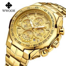 WWOOR 8868 Men Chronograph Quartz Watches Sport 30m Waterproof Wristwatches Luxury Watch Gold 2020 Alloy Stainless Steel Round