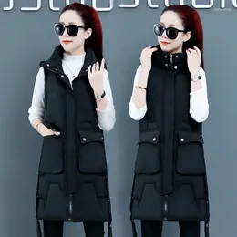 Women's Vests 2024 Autumn Winter Mid-length Down Cotton Vest Coat Black Hooded Casual Waistcoat Parkas Female Jacket Outwear