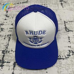 Classic Fashion Blue Letters Crown Embroidery Rhude Hat Men Women Adjustable Sunscreen Mesh Patchwork Baseball Cap 5YTH