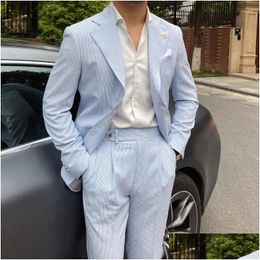 Mens Suits Blazers Summer Thin Men Leisure Blue Striped Seersucker Suit British Gentry Business Tuxedos Slim Fit Groom Drop Delivery A Otfxf