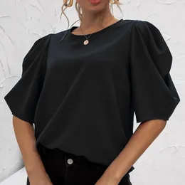 Women's Blouses Fashion Pleated Puff Sleeve Chiffon O Neck Solid Tops For Women Dressy Casual Ladies Elegant Shirts Blusas Holiday Work