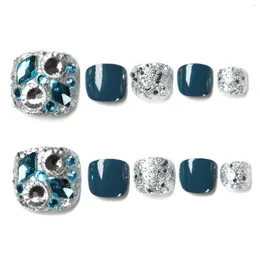 False Nails Dark Blue Shining Fake Toenails Sweet & Charming Reusable For Daily And Parties Wearing