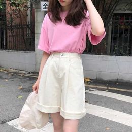 Women's Shorts 2021 Women High Waist Sweet Pink Shorts Soft Wide Leg Denim Shorts Japanese Harajuku Summer Girl All-Match Solid Casual Outfits YQ240108