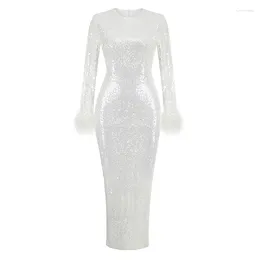 Casual Dresses 2024 Elegant O-Neck Long Sleeves Slit Feather Sequin Mid Dress Fashion Party Club Street Ladies Clothing