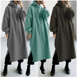 Casual Dresses Oversized Hoodie For Women Irregular Hem Polyester Female Drawstring Hooded Sweatshirt Maxi Solid Long Dress