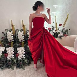 Unique Red Strap Evening Dresses Pick-Up Sheath Overskirt Celebrity Dress Ankle Length Long Train Robe De Soiree 326