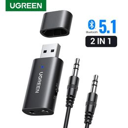 Connectors UGREEN 2 in 1 Bluetooth Car Adapter Bluetooth 5.1 Stereo Transmitter Receiver Wireless 3.5mm Aux Jack Adapter Car Kit Mic