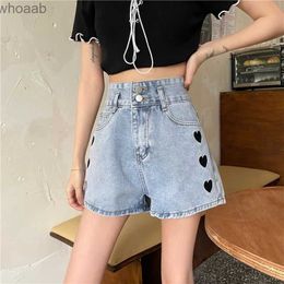 Women's Shorts Summer 3 Sizes S-l Simple Loose Light Blue High Waist Fashion Heart Embroidered Pockets Women Shorts YQ240108