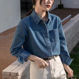 Women's Blouses Fall Denim Shirts Women Fashion Elegant Straight Full Sleeve Tops Single Breasted Girls Autumn Blue Cowboy Shirt