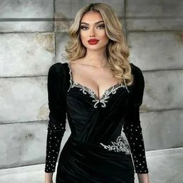 Black Mermaid Evening Dresses Moroccan Caftan Applique Beads Prom Gowns Long Sleeves Side Slit Women Party Guest Dress Plus Size