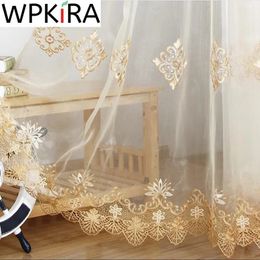 Luxury European Water Soluble Embroidery Sheer Curtain for Living room Tulle Bottom Gold Lacework Window Screen Custom WP160H 240106