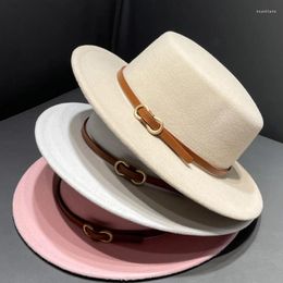 Berets 6cm Brim Vintage Fedora Retro Woolen Top Hat For Women British Man Jazz Luxury Felt Hats Winter Autumn Versatile Belt Buckle