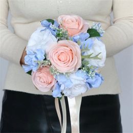 Decorative Flowers Wedding Artificial Blue Pink Small Flower Bouquet Ornaments Handheld Crafts Supplies For Day B03E