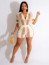 JRRY Sexy Women Knitted Set Turn Down Collar Buttons Top Pants Crochet Two Pieces Set Short Sleeves Crocheted Beach Pants Set 240108