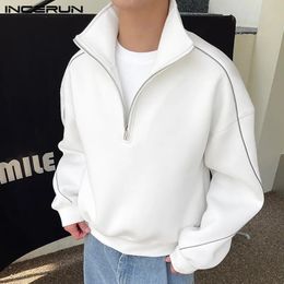 Men Hoodies Solid Color Lapel Long Sleeve Zipper Sweatshirts Loose Streetwear Korean Style Casual Pullovers S-5XL INCERUN 240108