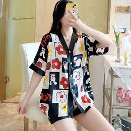 Womens Sleepwear Summer Silk Short-sleeved Shorts Ladies Pajamas Set Light Luxury Japanese Simple Short Stain Women
