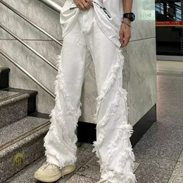 Raw edge white jeans couple American style high street vibe structure design straight high-end fashion loose retro long trousers 240108