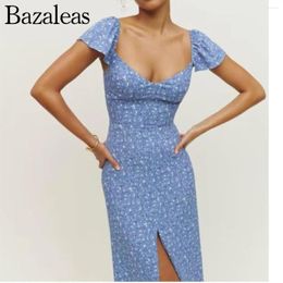 Party Dresses 2024 Elegant Women's Summer Split Ladies Midi Cap Sleeve Blue Floral Print Dress