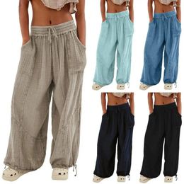 Women's Pants Women High Elastic Waist Drawstring Wide Leg Loose Deep Crotch Pleated Ankle-banded Pockets Solid Colour Soft Lady Casual T