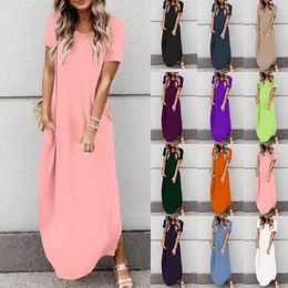 Casual Dresses Loose Long T Shirts Dress Women Short Sleeve O Neck Solid Colour Pullover Howear Robe White Pockets Plus Size Maxi