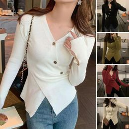 Women's Blouses Non-see-through Solid Colour Top Stylish V-neck Button Decor Sweater Soft Knitted Irregular Split Pullover For Fall