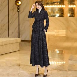Work Dresses Women Autumn Winter Woollen Skirt Sets Elegant Fashion Slim Wool Blended Two Pieces Chic Blazer High Waist Long