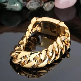 Gold Plated Bracelet Men Luxury On Hand Male Jewellery 17MM Wide Stainless Steel Cuban Chain Men's Bracelets Friends Bangles 240106