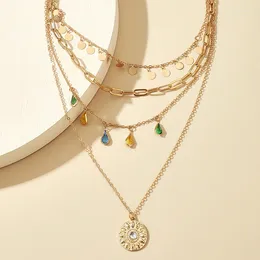 Pendant Necklaces Vintage Boho Multilayer Colourful Crystal Set Gold Colour Stainless Steel Chain Sun Jewellery For Women Accessory