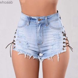 Women's Shorts Vintage Ripped Hole Fringe Blue Denim Shorts Women Lace Up Casual Pocket Jeans Shorts 2019 Summer Girl High Waist Hot Shorts YQ240108