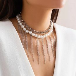 Chains Vintage Imitation Pearls Choker Double Layer Clavicle Chain Tassels Necklace Fashion Collar Temperament Jewellery 40GB