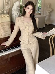 Luxury Designer Wool Pants Suits Two Piece Sets Outfits Women Elegant Tweed Slim Long Trousers Short Coat Tops Lady Clothes 240108