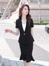 Work Dresses Women Bsiness Suits Office Ladies Skirt And Jacket Sets Short Sleeve 2024 Female Black Blazer