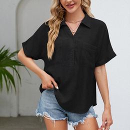 Women's Blouses 2024 Spring Solid Cotton Linen Shirts Button Up Pocket V Neck Shirt Short Sleeve Casual Loose Streetwear