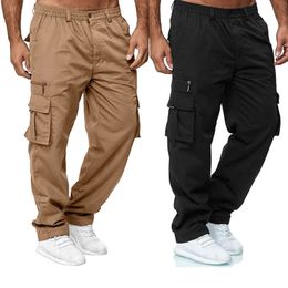 Mens Cargo Pants Summer Button Zip Stretch Waist Loose Trousers Casual MultiPocket Straight Sports Outdoor Wear 240108