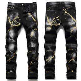 Light Luxury Men's Graffiti Prints Ripped JeansSlim-fit Scratches Black JeansWhite Wash Stretch Denim PantsCasual Jeans; 240108