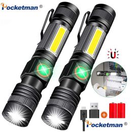 Flashlights Torches 8000Lm Usb Rechargeable Flashlight Super Bright Magnetic Led Torch With Cob Sidelight A Pocket Clip Zoomable For C Dhfp1