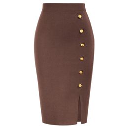 KK Women Knit Pencil Skirt Knee Length High Waisted Slit Bodycon Sweater Skirts With Buttons Side Split Office Ladies Fit Skirts 240108