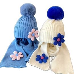 Doit Winter Boys Girls Warm Beanies Child Scarf Hat Set Flowers Fur Hairball Baby Kids Knit Solid Scarves Hats 240108