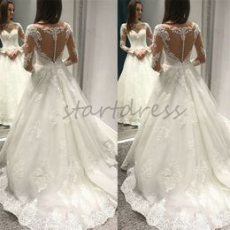 Gorgeous Ivory Lace Wedding Dress Illusion Back Appliques Rustic Country Long Sleeve Tulle Bridal Gowns Elegant Sweep Train Vestido De Novia 2024 Robe De Mariee