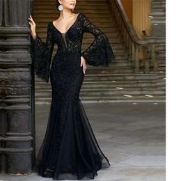 Sexy V Neck Long Flare Sleeve Black Lace Dress Wedding Party Dresses Women Evening Elegant Night Club Prom Long Maxi Dresses 240108