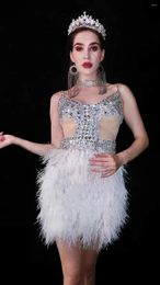 Stage Wear Spaghetti Shining Rhinestones Crystal White Tassel Sexy Dress For Women Prom Dance Clothing Nightclub Singer Costume