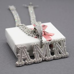 Customised Name Necklace Zirconia Baguette Letters with 12MM Cuban Chain Hip Hop Pendant For Men Women Hip Hop Jewellery 240106