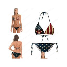 Swim Wear Vintage Bikini Set Usa Flag Striped Star Tight American Beach Two Pieces Bandage Retro Bathing Suits Printed Drop Delivery S Dhrwd