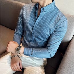 Plus Size S-3XL Korean Long Sleeve Striped Shirts Men Clothing Simple Slim Fit Business Casual Office Blouse Homme 240106