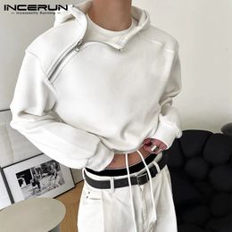 Fashion Men Hoodies Solid Colour Zipper Hooded Long Sleeve Casual Sweatshirts Personality Streetwear Crop Tops S-5XL INCERUN 240108